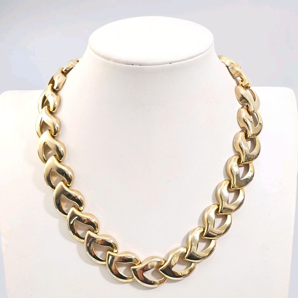 Vintage Chunky Gold Tone Leaf Link Statement Necklace
